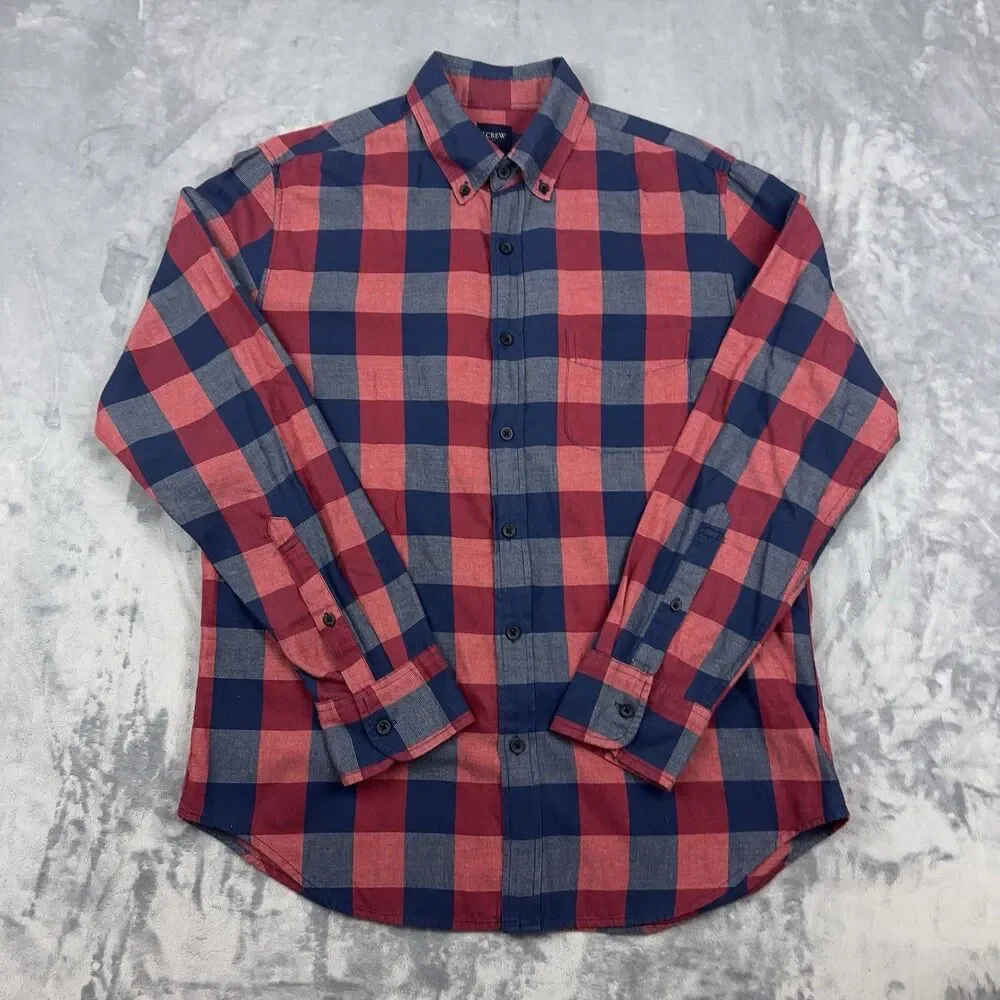 J Crew Shirt Mens Size M Red Navy Blue Buffalo Plaid Check Cotton Button Down